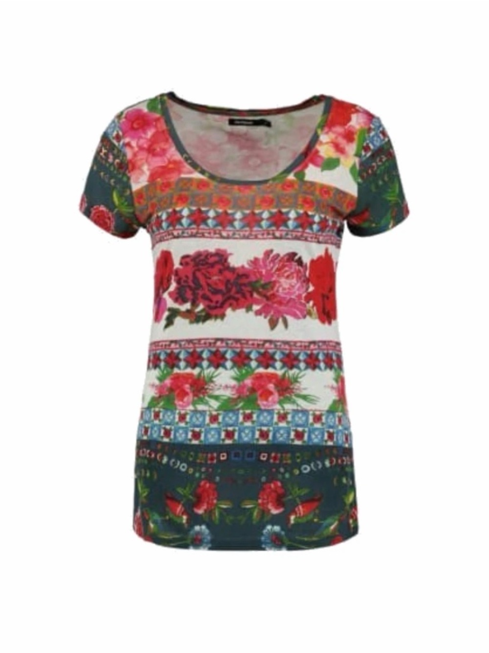 Desigual Womens XS Multicolor Floral Print Short Sleeve Graphic Bird Tee T Shirt